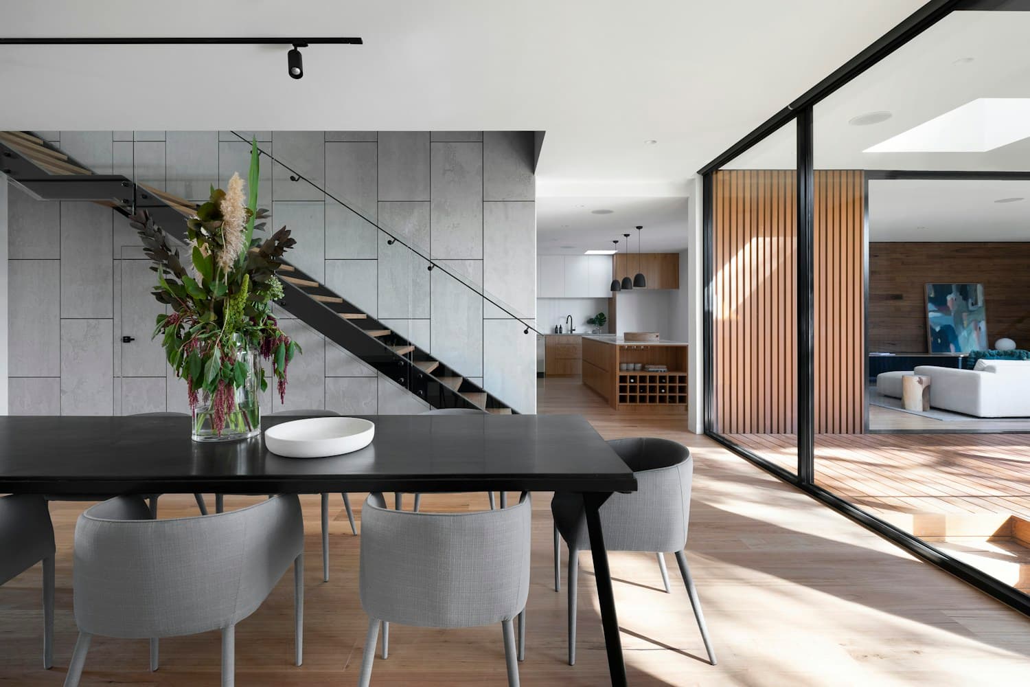 Wood, steel, and stone details in a contemporary interior