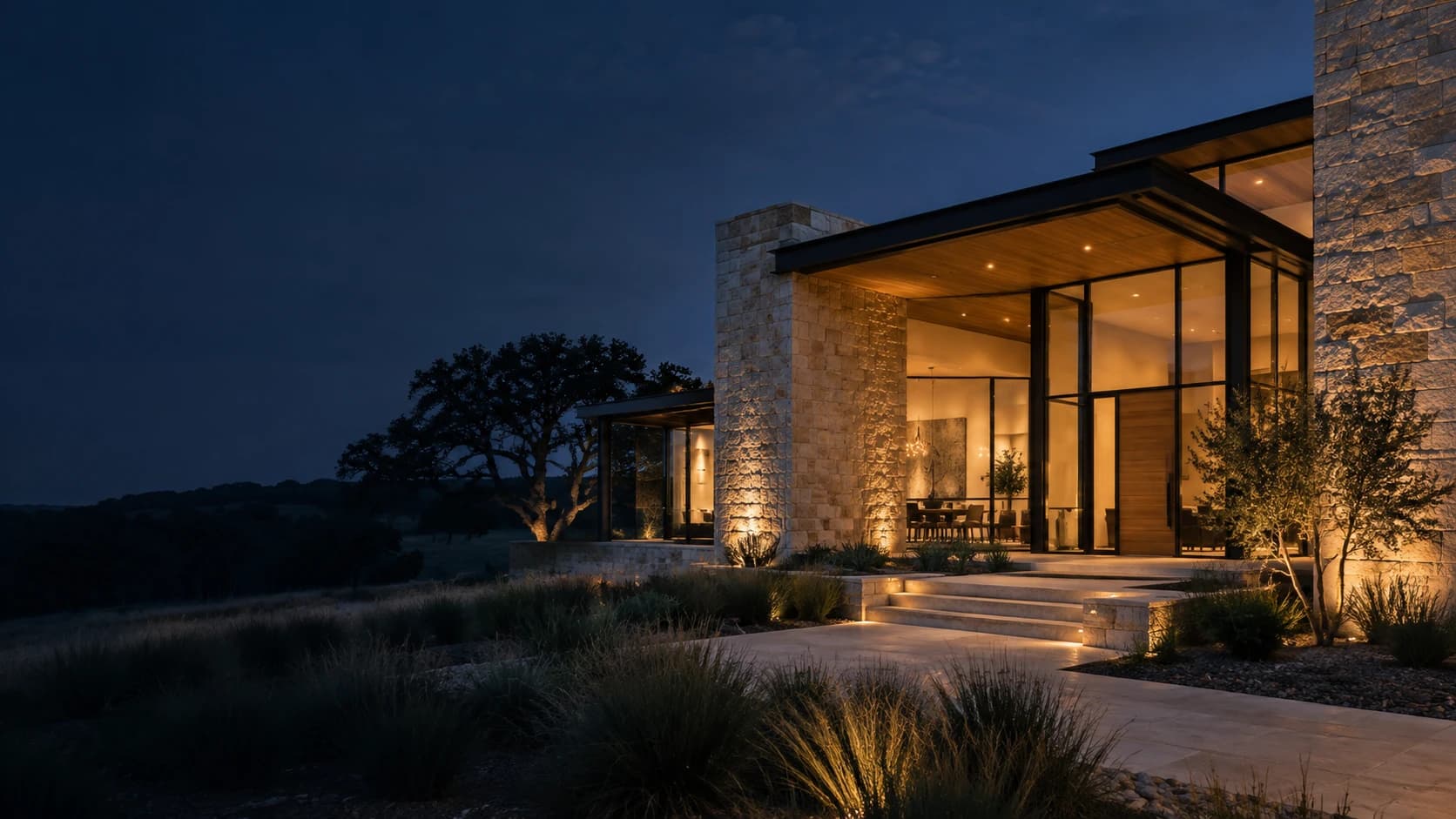 Illustrative Texas Hill Country architecture at dusk, with warm limestone and gold lighting